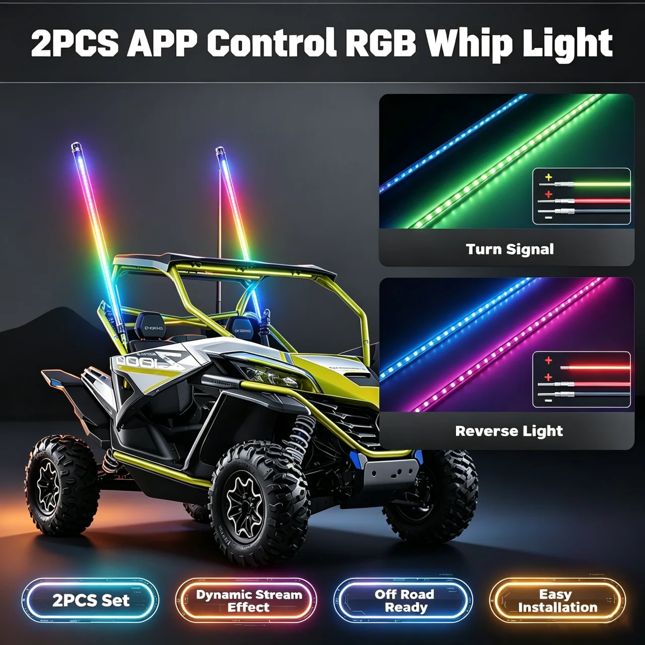 APP Control RGB LED Whip Lights | 2PCS Flagpole Antenna Whips for UTV ATV Off Road Truck Sand Buggy Dune RZR