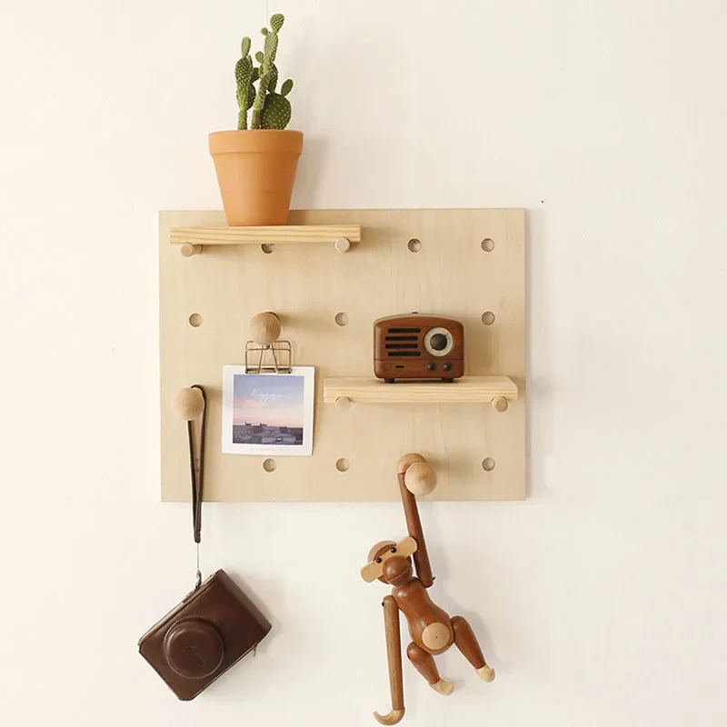 

Perforated Hole Board Wood Wall Storage Rack Home Living Room TV Background Wall Decoration Creative Grid Hanging Clothes Hook