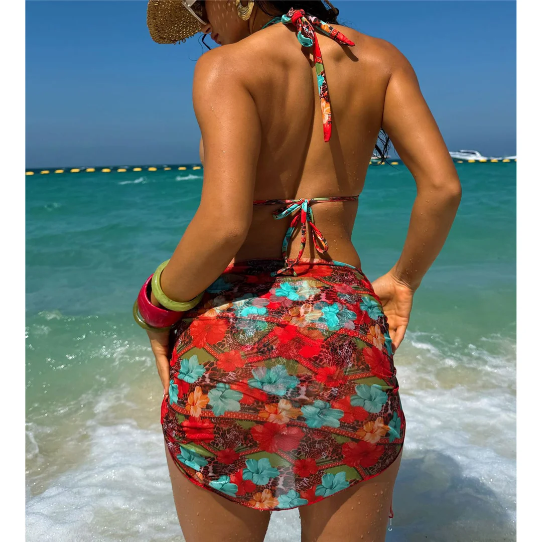 Mit Sarong-Blumenmuster, Neckholder-Bikini, Damen-Badeanzug, dreiteiliges Bikini-Set, Badebekleidung, Badeanzug, Schwimmanzug V7786 – Detail 3