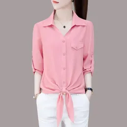 Women's Polo-Neck Blouse 2023 Summer New Basic Commuter Single-breasted Solid Color Shirt Fashion Female 3/4 Sleeve Lacing Tops