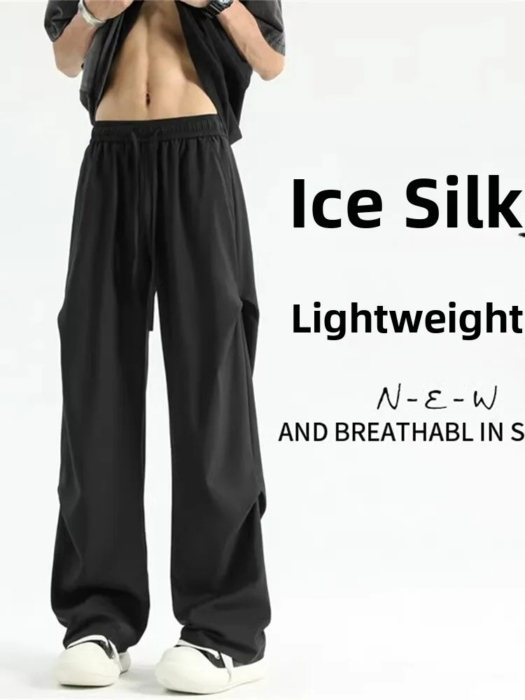 

Ice Silk Men's Casual Pants Summer Drape Design Straight Leg American Casual Long Trousers Folded Design Low Waist Breathable