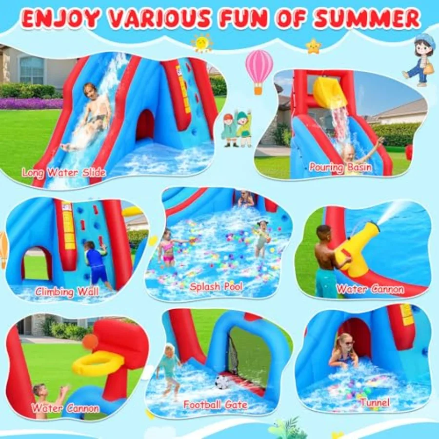 Backyard outdoor water slide inflatable bounce house park for kids: PVC material, blue and yellow, with climbing wall, long sli view 5