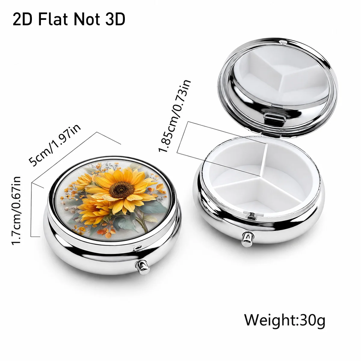 Round Metal Pill Box with Sunflower Bouquet Pattern, Three-Compartment Portable Storage Box, Small Item Organizer for Jewelry, Medicines, and Vitamins, Fresh and Natural Floral Appearance, Easy to Organize with Compartments, Lightweight and Exquisite, a Must-Have for Travel and Daily Life