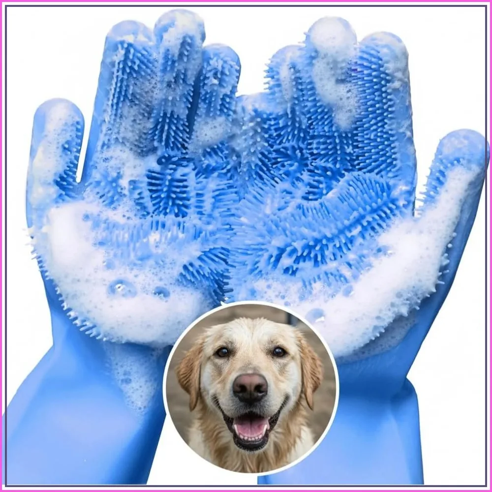 3000 Soft Bristles Cat & Dog Shampoo Gloves – 2-in-1 Bathing & Grooming, Blue