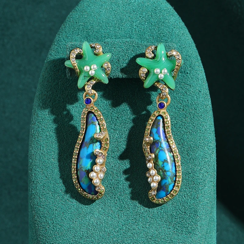 

Antique Natural Stone Green Starfish Earrings Drop Bright Blue Gold Plated Vintage Elegant Women Quality Evening Party Jewelry
