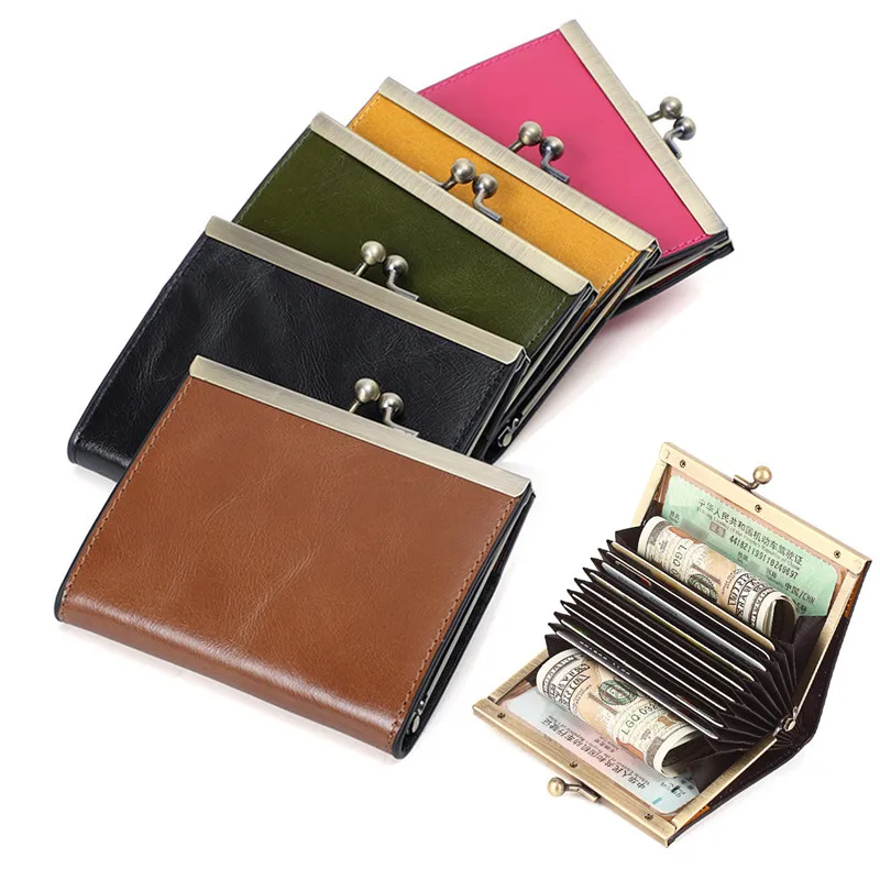 

2022 Genuine Leather Vintage Oil Wax Women Men Wallets Female Coin Money Purse Bag Hasp Clutch Organ ID Credit Card Holder Clip