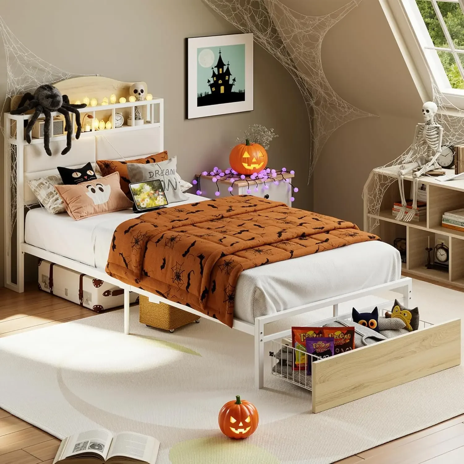 LIKIMIO Twin Bed Frame with Guardrail & Bedside Caddy, Multifunctional Headboard with Charging Station, Durable Metal Platform B