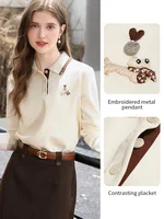 I BELIEVE YOU Polo Neck Long Sleeved T-shirt for Women Autumn 2025 Apricot Casual Tees Contrast Color Embroidery Top 2253016181 - Image 2