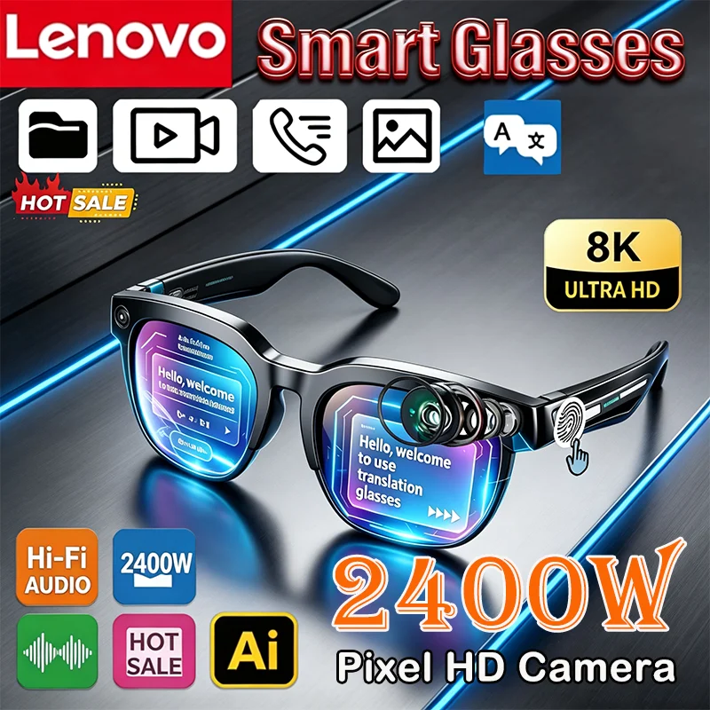 Lenovo 8K AI Smart Camera Glasses Translation Hands Free Calling AI Chat Logging Music Player lentes inteligentes for Men Women
