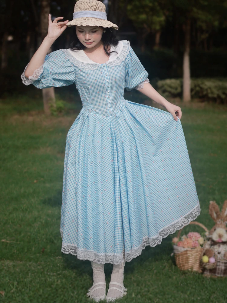 TIYIHAILEY Long Maxi Women Ladies Dress Short Sleeve Blue Pink Lace Cotton Patchwork Printed Summer Turn Down Collar Plaid