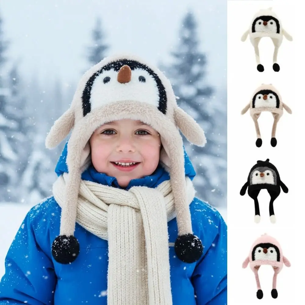 Cute Children's Warm Hat Breathable Thickened Warmth Plush Penguin Hat Windproof Pom Pom Ends Ear Protection Cap