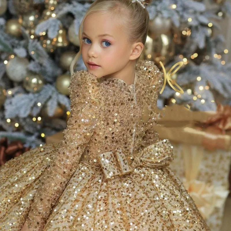 Children's Dress Golden Birthday Party Runway Sequin Butterfly-knot Long Sleeved Round Neck Princess Dress Kids Clothes