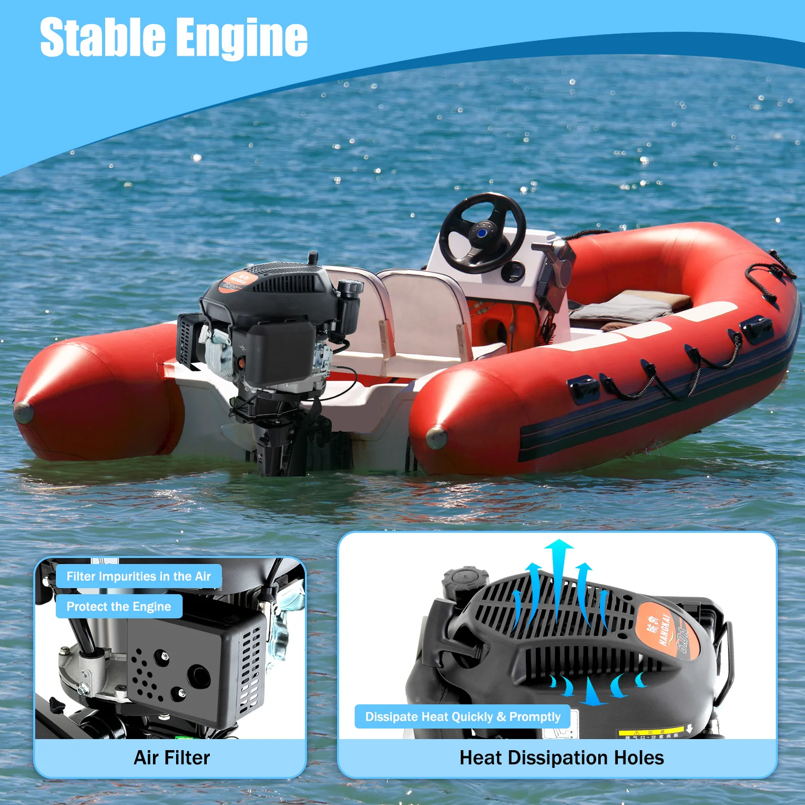 6HP 4 Stroke Outboard Motor 140CC 3.75KW Inflatable Fishing Boat Engine with TCI Air Cooling System 15" Short Shaft 4500-5500RPM