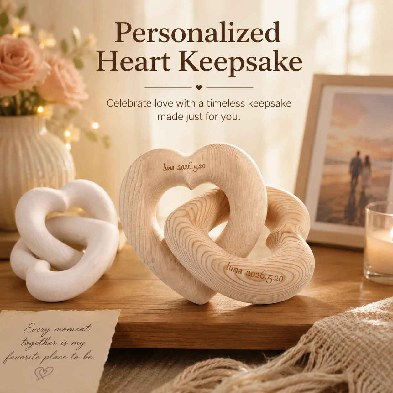 Double-ring heart-shaped custom wooden ornament, personalized laser-engraved text, DIY wedding and couple anniversary gift view 4