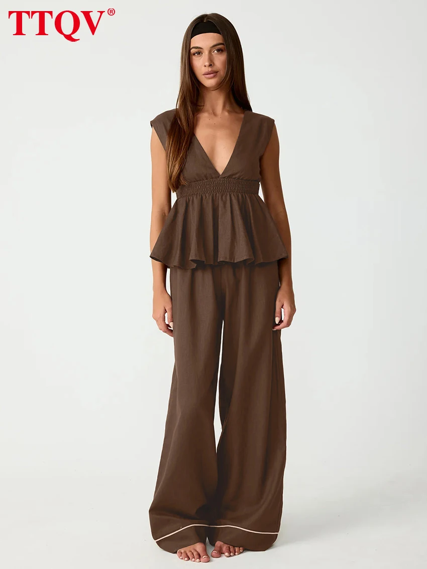 

TTQV Summer Loose Brown Cotton 2 Pieces Set For Woman 2026 Sexy Sleeveless Tank Top With High Waist Wide Pants Set Streetwear