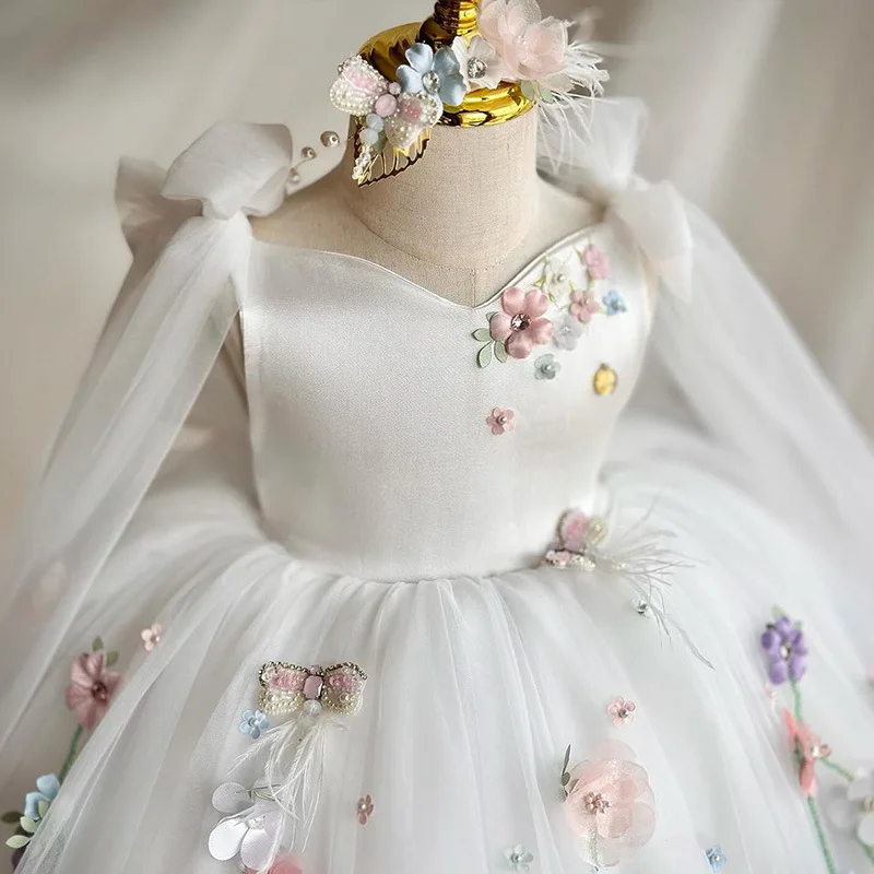 

White Flower Girl Dress Wedding Puffy Tulle Sleeveless Princess Dresses Kids Party Children Clothing