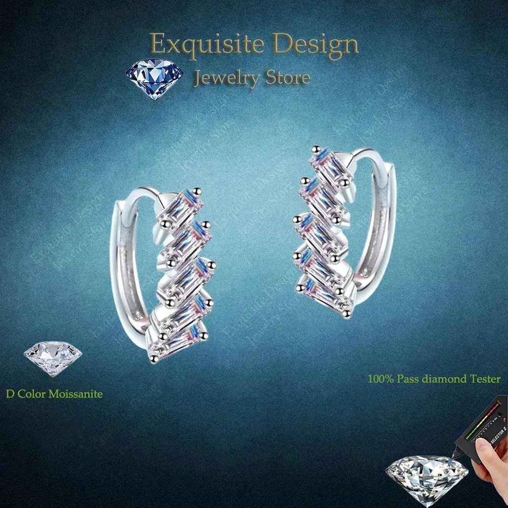 Exquisite Store PT950 Platinum  Emerald Cut Rectangular Ear Buckle Valentine's Day Birthday Gift 1.5CT Moissanite Hoop Earrings