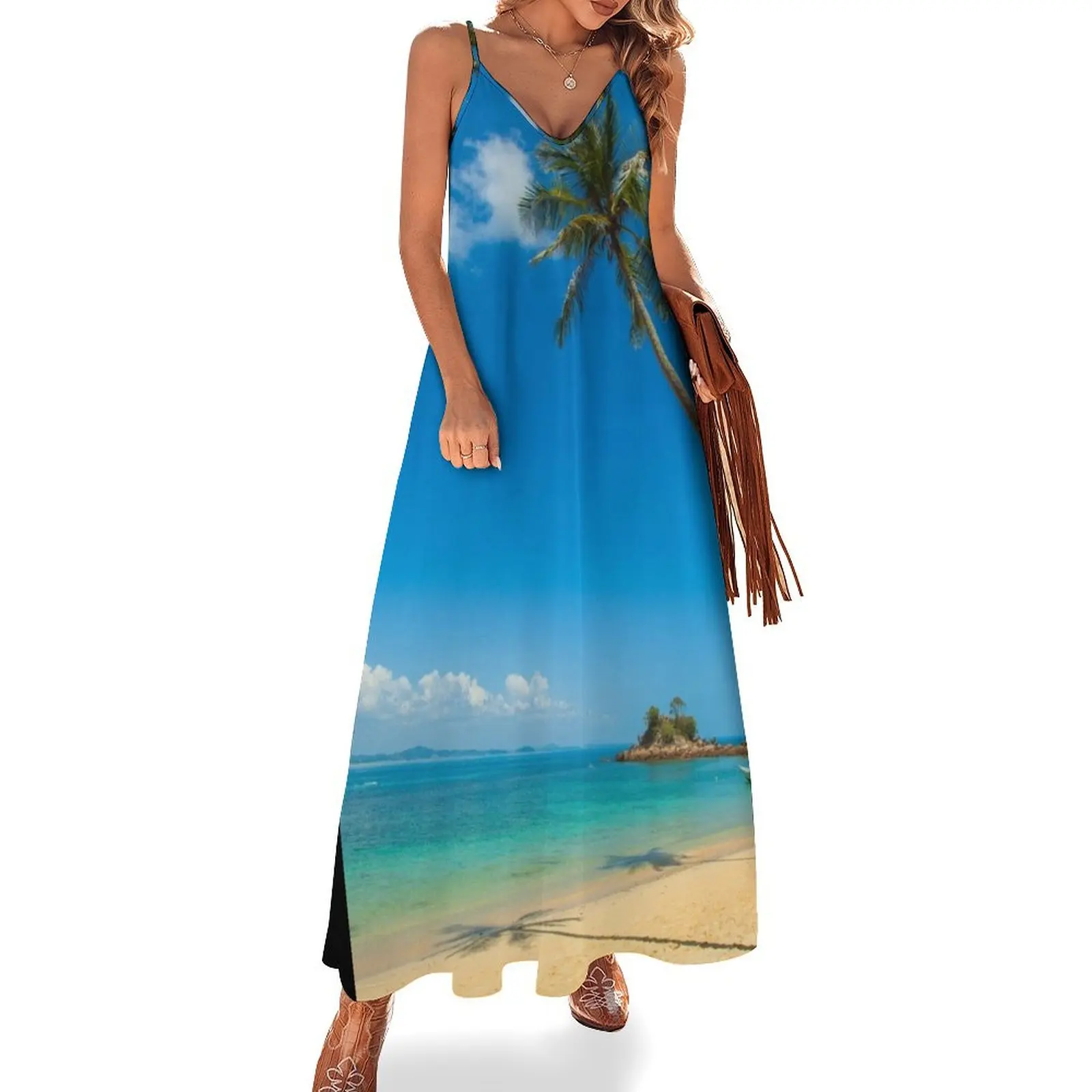 

Tropical Palm Trees Sleeveless Long Dress birthday dress Women's summer suit Dress