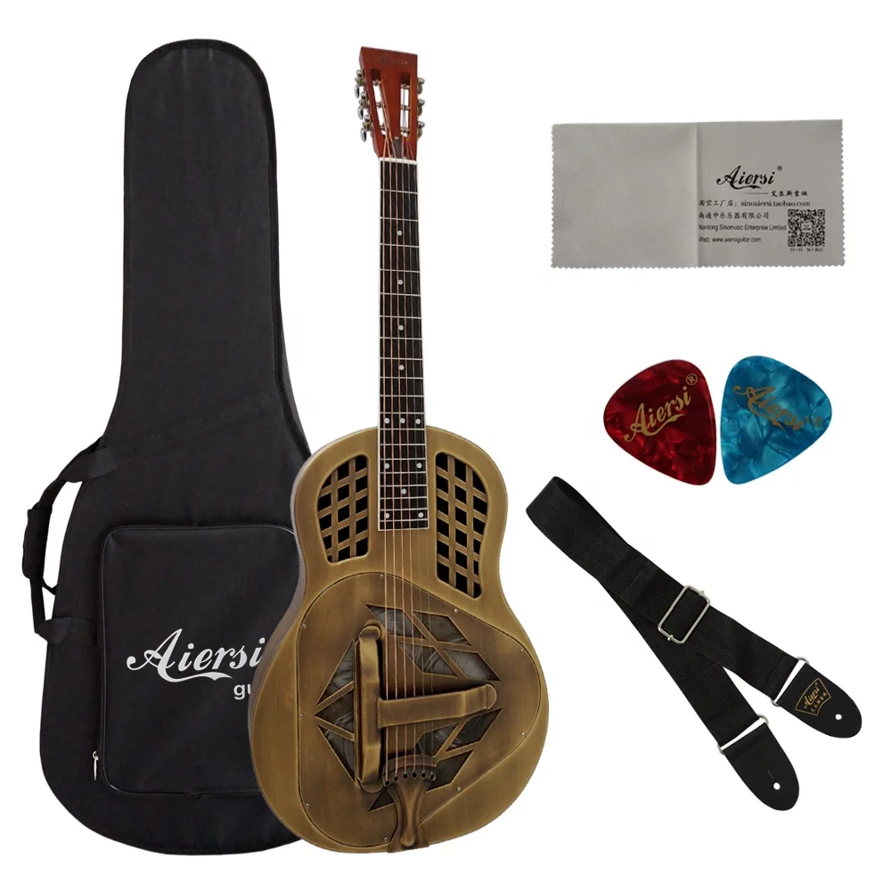 

Custom logo Vintage Bell Brass Metal Body Tricone Resonator Guitar China Aiersi Brand Biscuit Bridge Bluegrass String Instrument