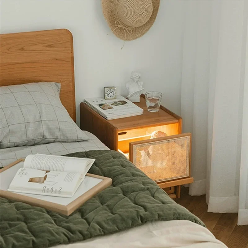 

Custom-made solid wood bedside table Japanese rattan logs Modern national small size ultra-narrow cabinet bedroom simple