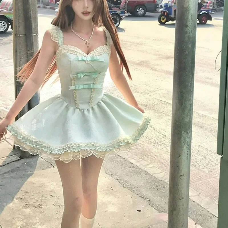 Letnia Zielona Koronkowa Sukienka na Ramiączkach Damska Szyfonowa Codzienna Sukienka Mini na Imprezę Damska Codzienna Sukienka Modna Wyszukana Wyszczuplająca Sukienka Nowość 2025