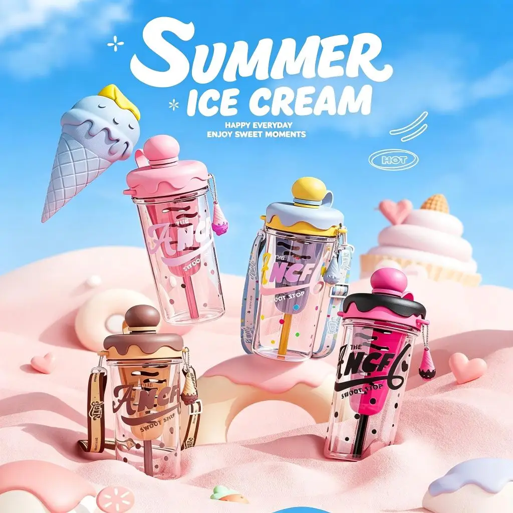 Kawaii Ins Ice Cream PC Water Bottle 880ml Large Capacity Portable Shoulder Strap Tea Separation Leakproof Outdoor Sports Cup