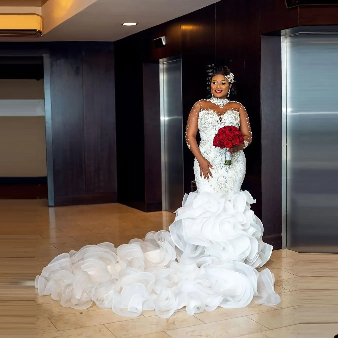 Customized Mermaid Wedding Dress Cascading Ruffles Long Train Beaded Bridal Gowns Saudi Arabic Luxury Vestido De Novia