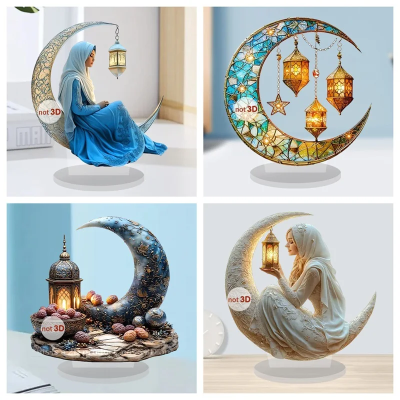 

Ramadan Desk Decorations Crescent Moon Lantern Table Centerpieces Acrylic Flat Ornaments for Home