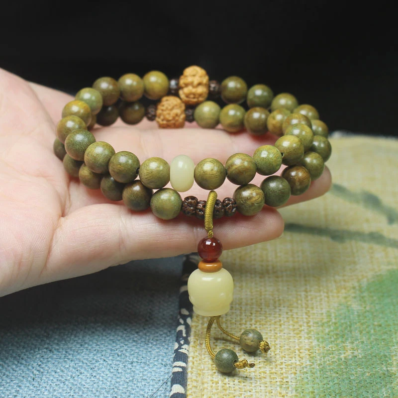 Green Sandalwood 8mm Double-Layer Bracelet with Milk Can Pendant, Unisex Decorative Jewelry 2