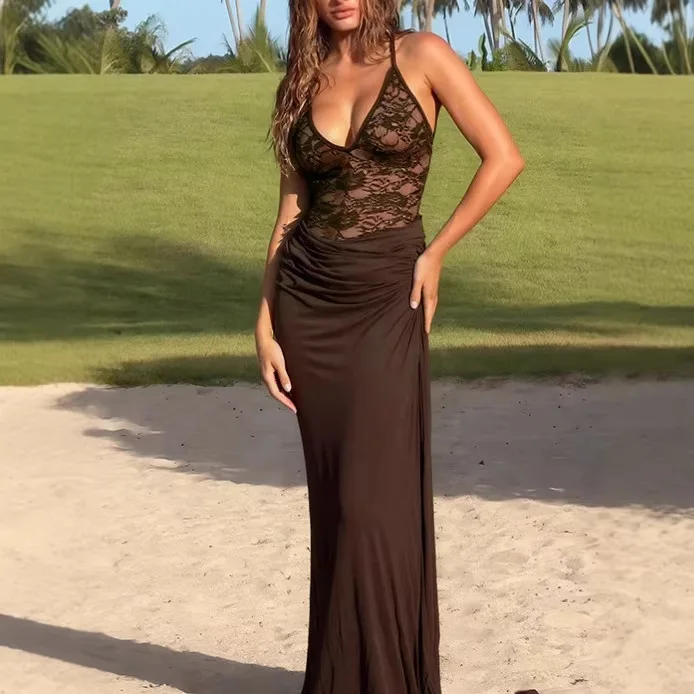 

2026 New Dark Brown Lace Suspender Pleated Long Skirt Sexy Elegant Slim Elegant Fashion Dress