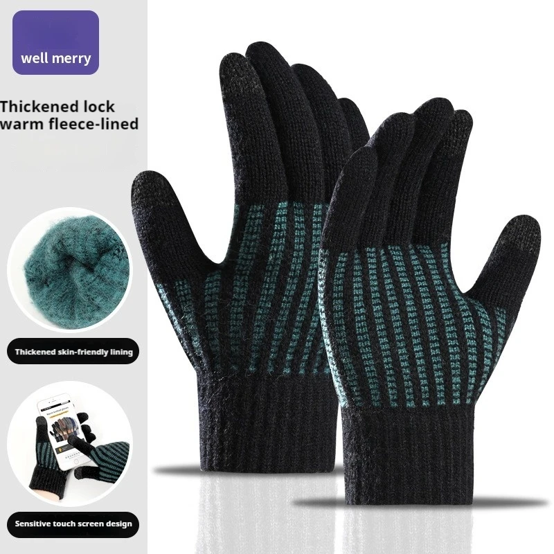 New winter thickened warm wool cycling cold touch screen men's large size knitted gloves