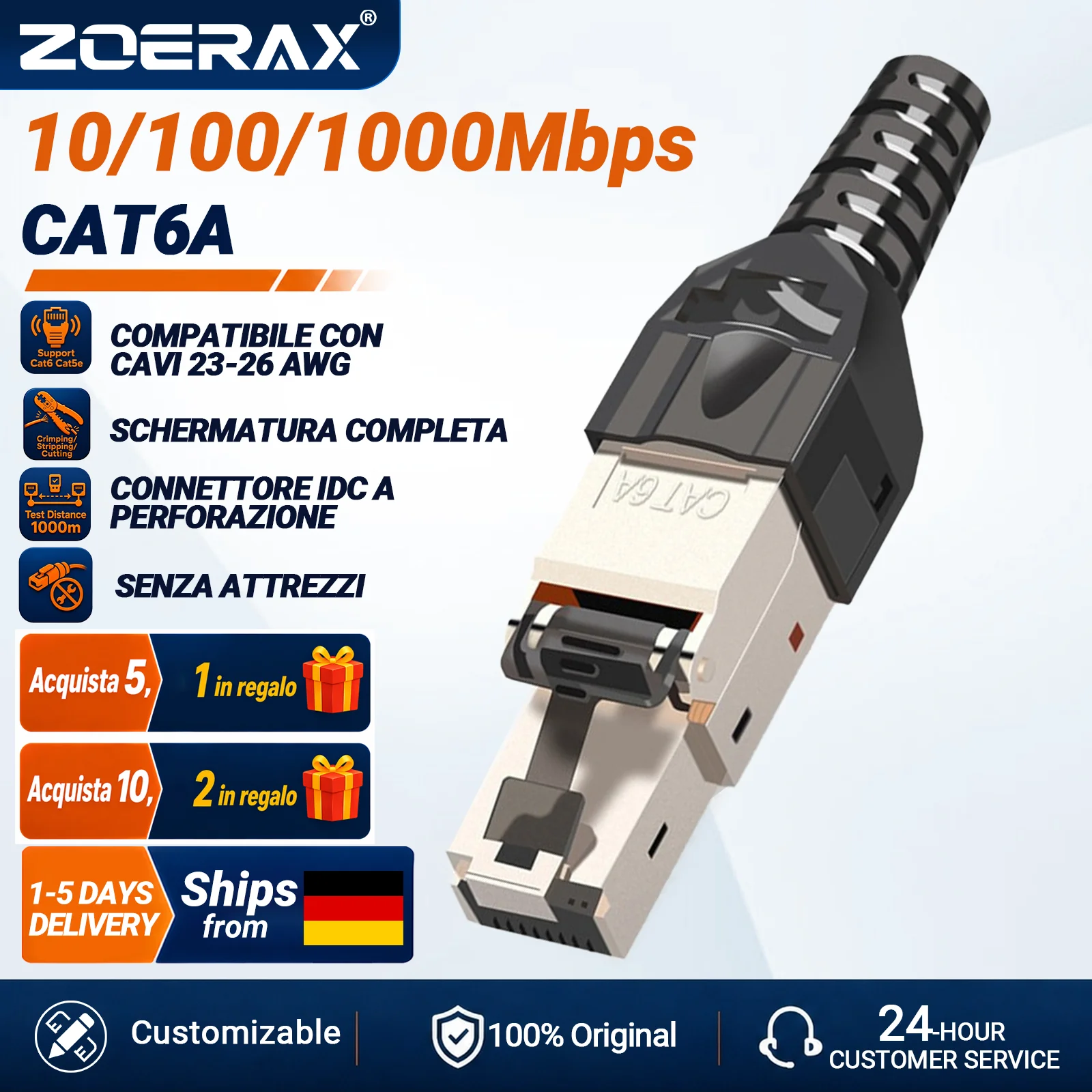 ZoeRax Confezione da 10 connettori RJ45 Cat8 Cat7 Cat6a, connettori di terminazione Ethernet schermati in lega di zinco senza attrezzi per cavi SFTP 23AWG