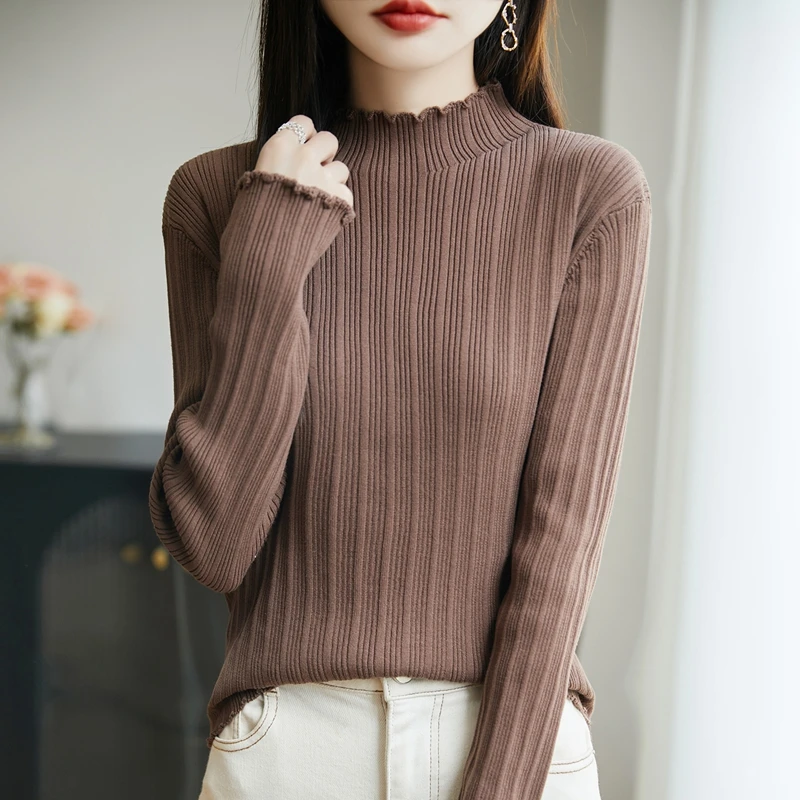 

Autumn and winter new women's solid color semi high neck pullover 100% pure cotton high-end sweater slim fit women's top