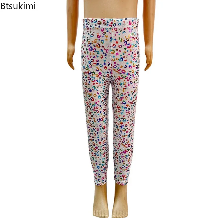 Kids Laser Leopard Sequin Print Pants Elastic Waistband Gymnastics Leggings School Show Cheerleading Stage Performance Costume