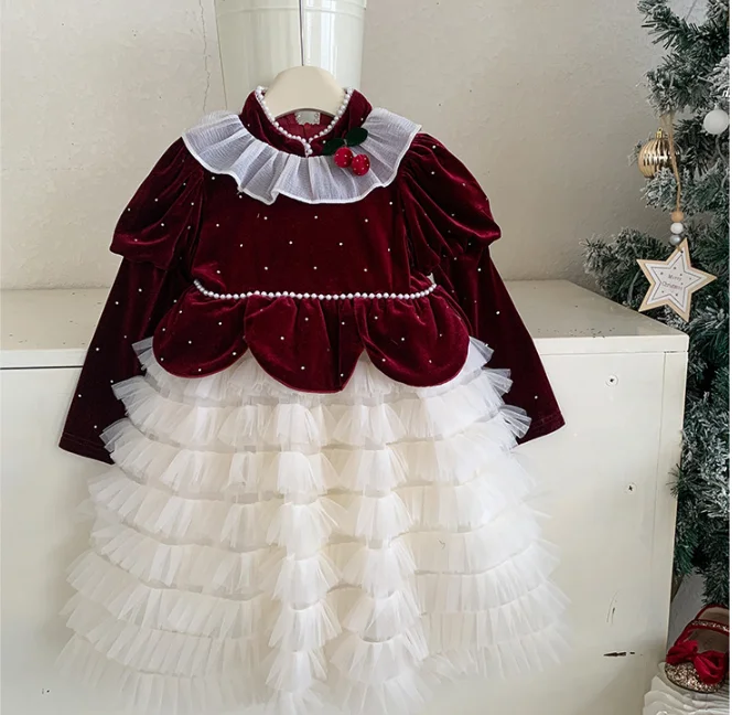 

New Baby Fall Long Sleeve Velour Wine Red & Black Mesh Dress, Princess Kids Fashion Party Dresses 3-7 T