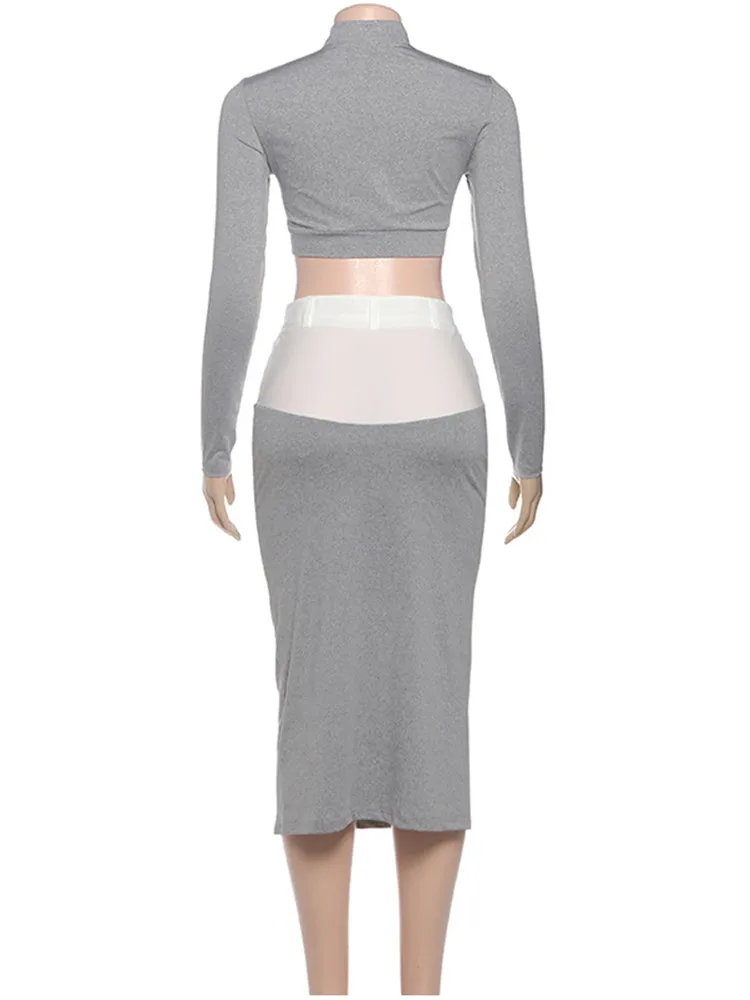 Joskaa الخريف المرقعة 2 قطعة مجموعة النساء محب كم كامل زر المحاصيل القمم منتصف تنورة مطابقة الشارع الشهير مكتب وتتسابق #5