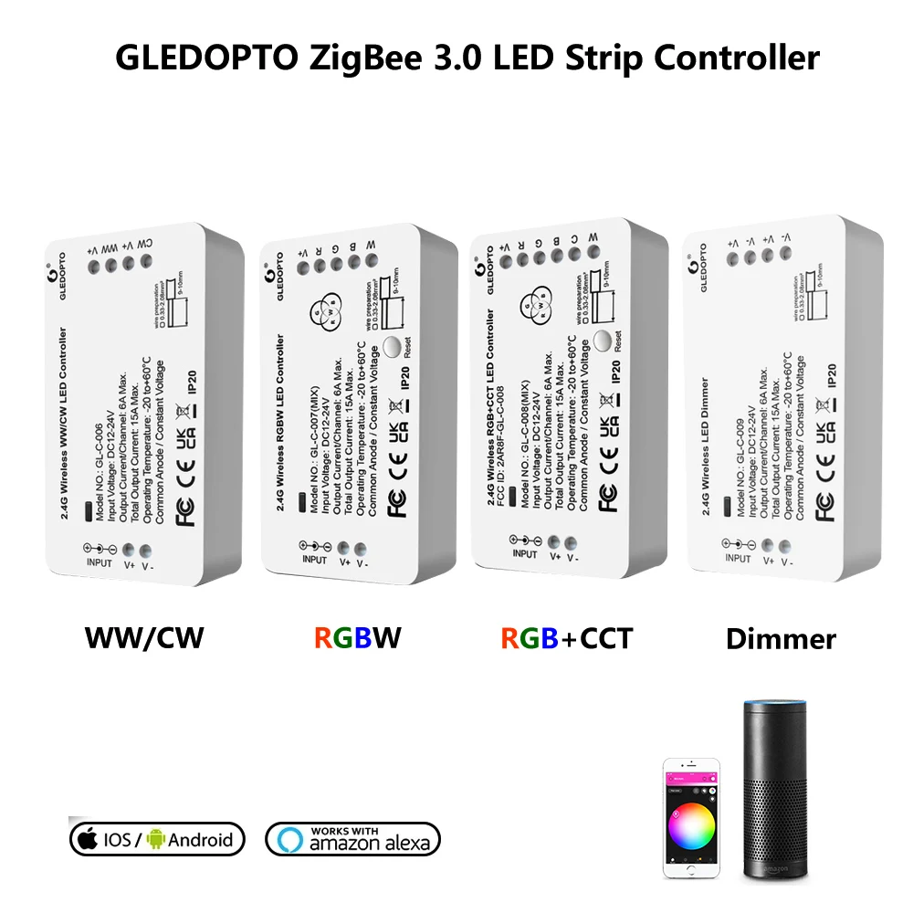 

GLEDOPTO ZigBee 3.0 LED Controller For RGB+CCT RGBW WWCW Dimmer LED Strip APP/Voice Alexa/Google Control DC12-24V Tuya Zigbeehub