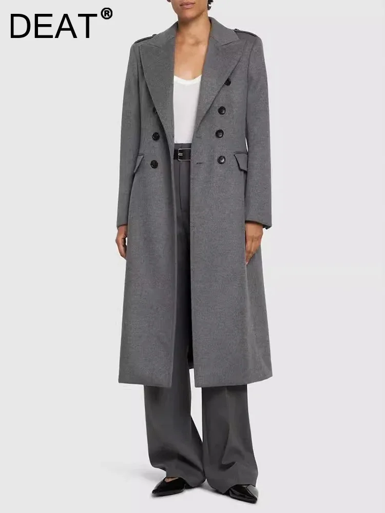 

DEAT Fashion Women's Gray Woolen Coat Notched Collar Slim Double Breasted Long Sleeves Blends Overcoat Autumn 2024 New 7AB5109