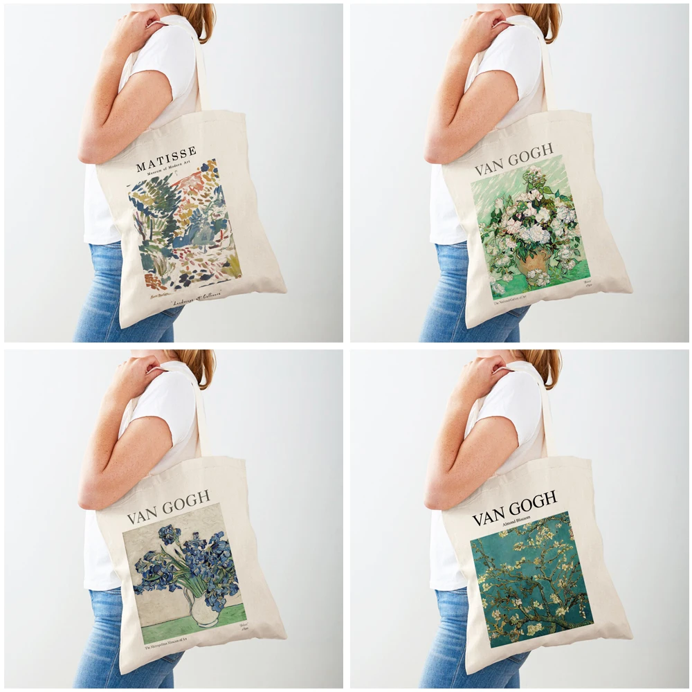 Van Gogh Morris Vintage Oil Painting Books Handbag Tote Women Shopping Bags Both Sides Canvas Female Shoulder Shopper Bag