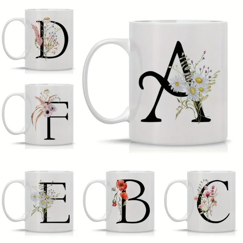 1pc Letter Flower A-Z Coffee Mug for Office and Home Birthday Gifts Women Mom Best Friend Bride Bridesmaid Gift White Tea Cup