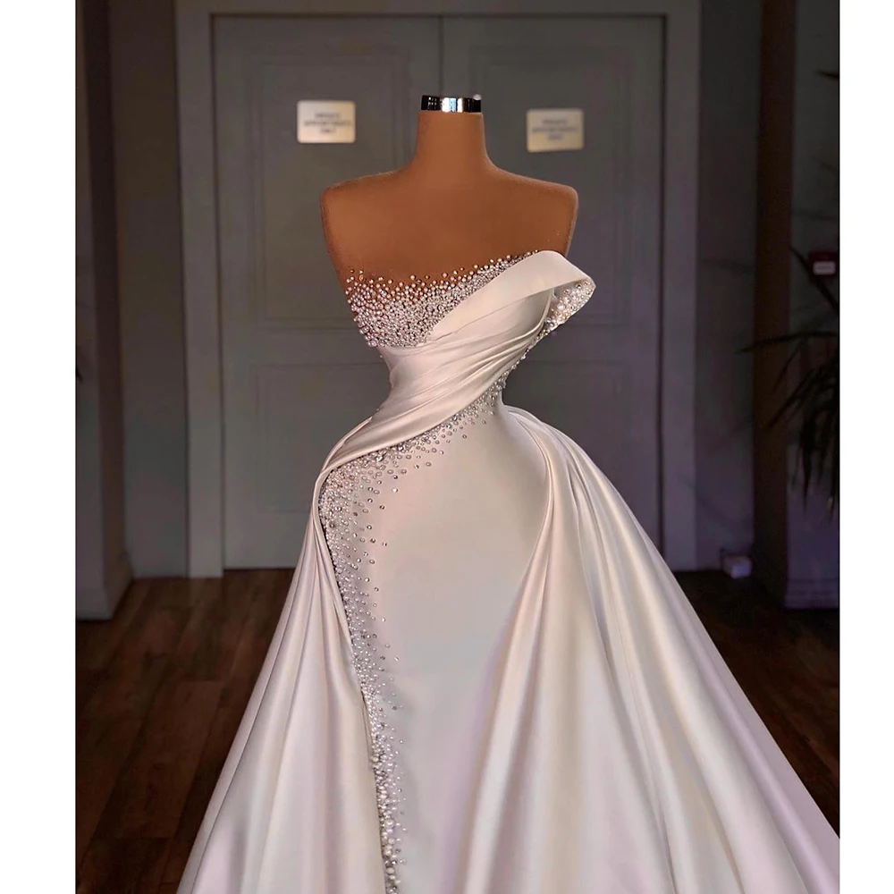 STEVDITG Fashion Detachable Tail Wedding Dress Elegant Strapless Sleeveless Court Train Pearls Mermaid Gowns Luxury Bride Dress