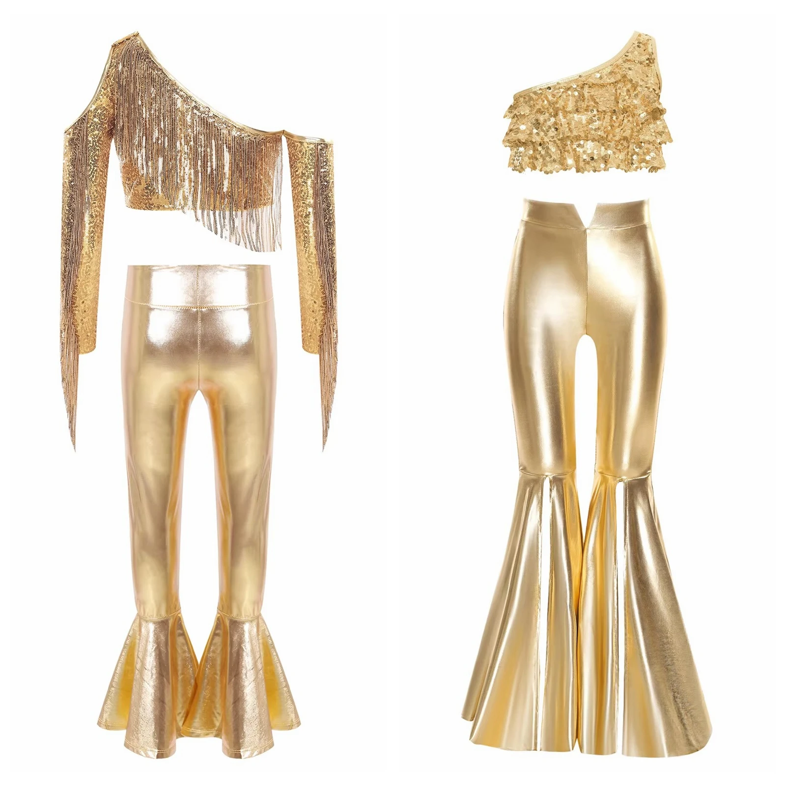 

Girls Metallic Pants Outfits Children's Dance Clothes Jazz Dance Costume Kids One Shoulder Shiny Sequin Performance Clothing