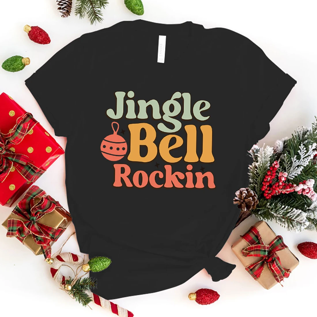 Fashion Christmas Jingle Bell Rockin Print T-Shirt Casual Short Sleeve Graphic Tee Shirt Unisex Loose Harajuku T Shirt Tops