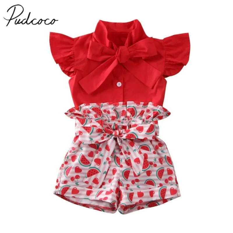 2020 Baby Girl Red Shirt Top Watermelon Shorts 2Pcs Set