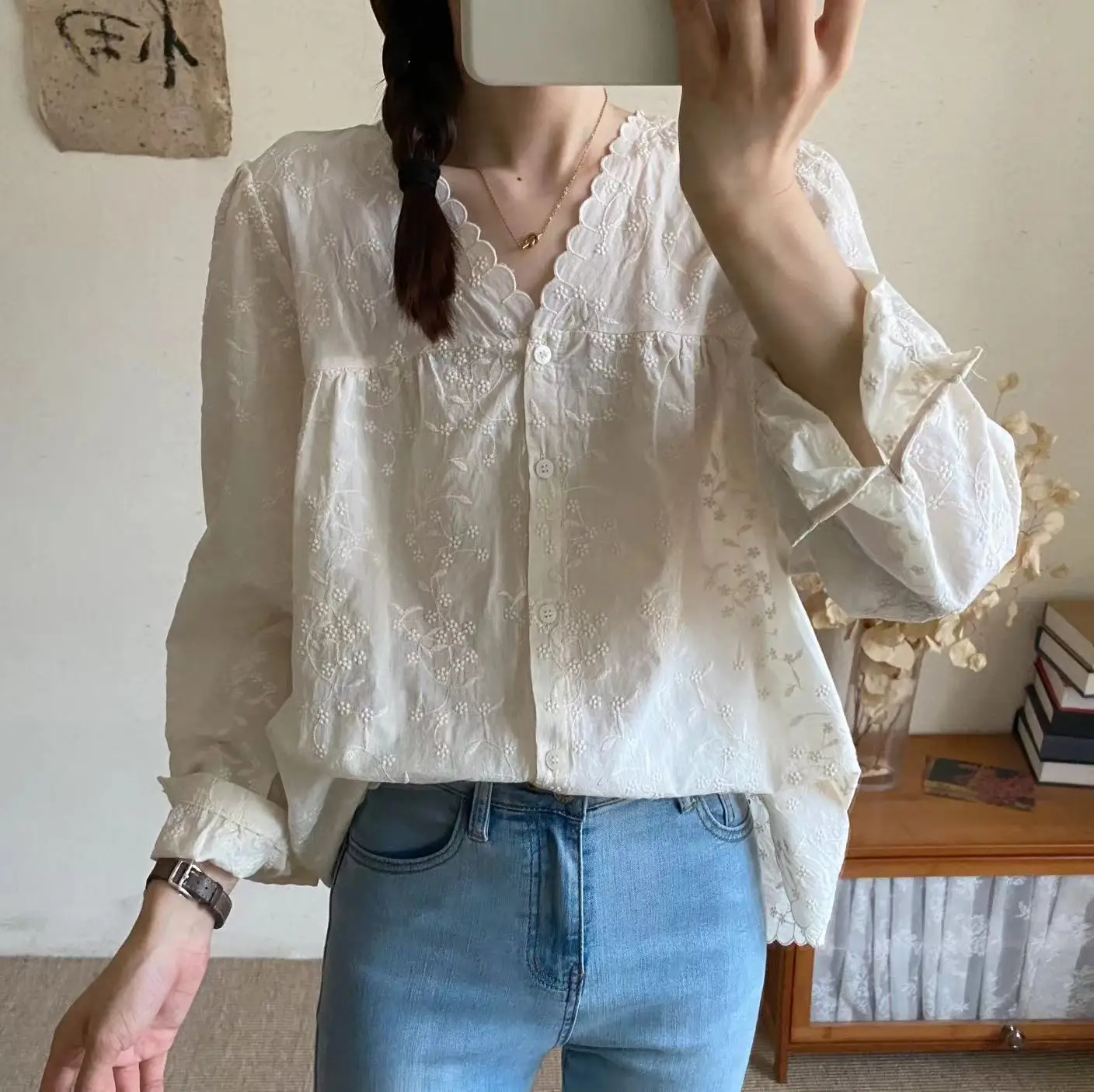 New 2025 Autumn Long Sleeve Cotton Shirt, Women V Neck Floral Embroidery, Mori Girl Retro Temperament Chic Loose Blouse T59878CC