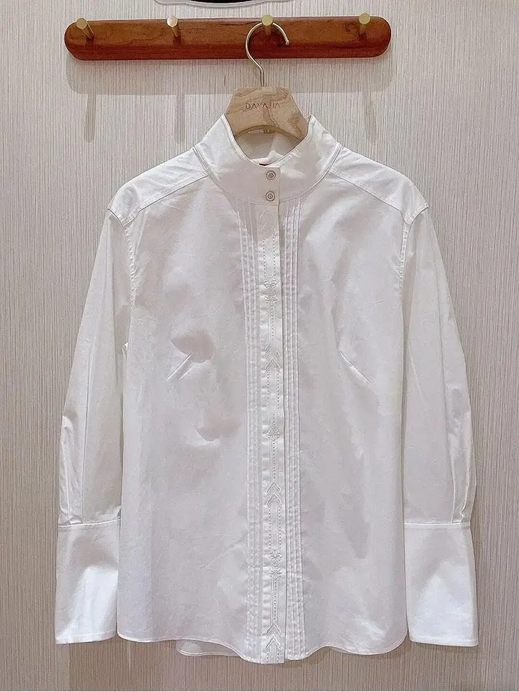 Elegant Unique Embroidered Long Sleeve Shirt Women's Base Layer Top Fashionable Early Spring European Style Straight Cut Blouse