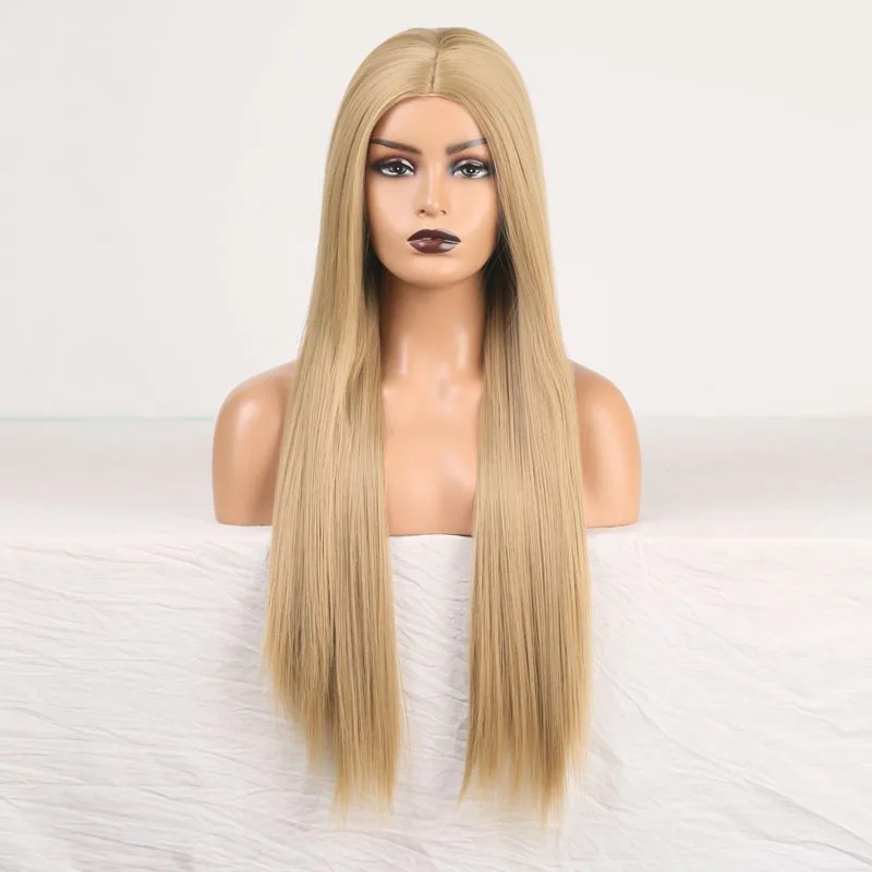 AIMEYA Synthetic No Lace Wig Ash Blonde Wig Middle Part Long Straight Hair Heat Resistant Fiber Hair Cosplay Wigs for Women