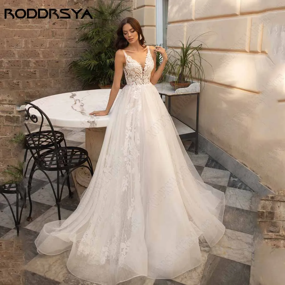 Roddrsya Klassieke Trouwjurken Boho Stijl Mouwloze Kanten Applique Bruid Jurken A-Lijn Tule Illusie Rug Vestidos De Novia