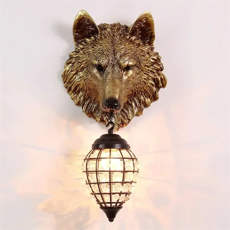 

2025 Vintage Resin Wolf Wall Lamp Led Crystal Wall Sconce Light Fixtures For Living Room Bedroom Loft Wall Light Home Decor Lumi