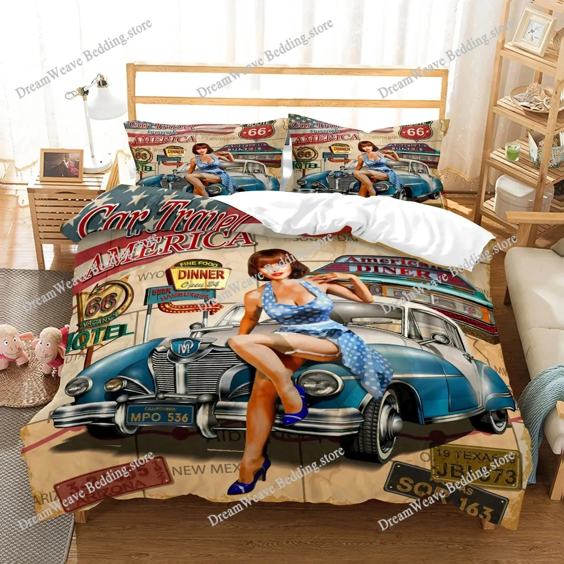 

New York Statue of Liberty Duvet Cover KingQueen Size Retro Car Nostalgic 50s Polyester Bedding Set,Vintage Car Quilt Cover9639